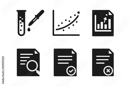 Scientific research glyph icon set. Vector pictograms for lab experiment, data analysis, statistics graph, report review, document approval and rejection concepts.