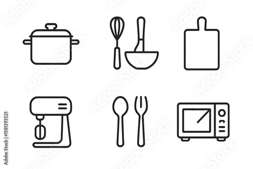 Kitchen cooking utensil & appliance line icon set. Vector outline symbols for food preparation. Cookware, pot, whisk, ladle, chopping board, mixer, microwave, cutlery.