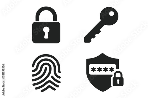 Security and privacy icon set. Vector glyph pictograms of lock, key, fingerprint, and shield. Passcode, protection, access control, and cybersecurity concepts.
