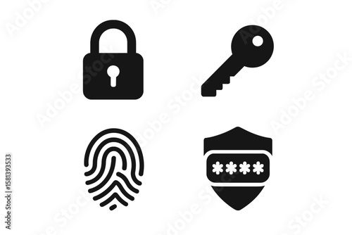 Security and privacy icon set. Vector glyph pictograms of lock, key, fingerprint, shield. Passcode protection and access control for cybersecurity and safety concept.