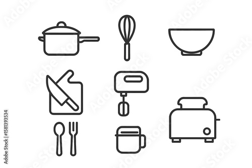 Kitchen and cooking line icon set. Cookware, utensil, and appliance icons. Includes pot, whisk, bowl, knife, chopping board, mixer, toaster, fork, and spoon. Vector.