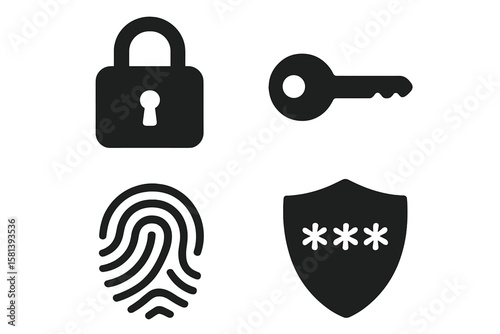Security and privacy icon set. Vector glyph pictograms. Lock, key, fingerprint, shield. Passcode, protection, access control, and cybersecurity black silhouette symbols.