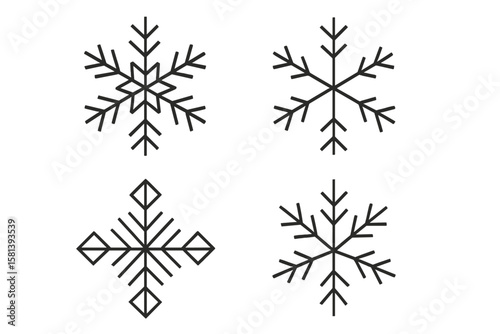 Snowflake line icon set. Minimalist winter symbols. Abstract geometric vector graphic elements for Christmas and New Year design. Isolated linear snow flake pictograms collection.