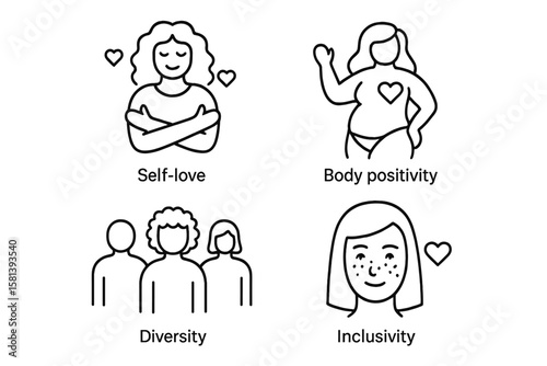 Self-love and body positivity line icon set. Vector pictograms of self-acceptance, mental health, and well-being. Includes icons for diversity, inclusivity, curvy body, freckles.