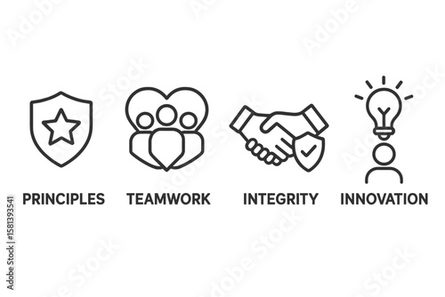 Core values line icon set. Business ethics and principles pictograms. Teamwork, integrity, innovation, and leadership symbols. Company mission, vision, and strategy concept.