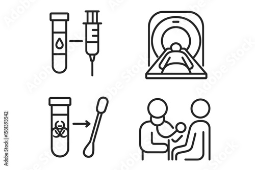 Diagnostic tests and medical procedure icons. Clear linear vector set including bloodwork, imaging scan, sample collection, and routine health assessment for diagnostics.