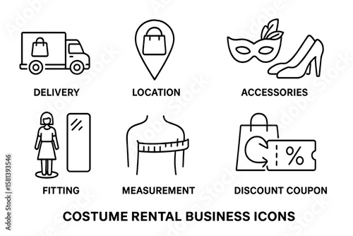 Costume rental business line icon set. Vector pictograms of delivery, location, accessories, shoes, fitting, measurement, discount coupon. Online shopping and party service.