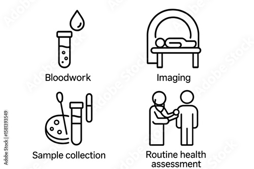 Medical diagnostic tests and procedures icon set. Linear icons for bloodwork, lab sample collection, health assessment, and imaging scans like MRI. Vector illustration.