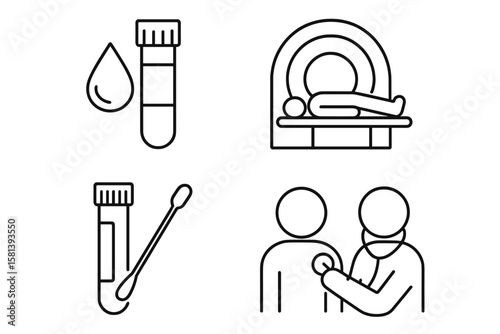 Medical diagnostic icons. Linear set of 4 includes bloodwork, mri scan, swab test, and health checkup. Healthcare procedures, lab analysis, and clinical examination vectors.