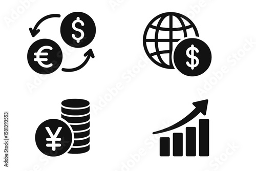 Currency exchange and financial growth icon set of 4, vector glyphs of dollar, euro, yen, cryptocurrency, stock market, banking, investment, global economy in black style