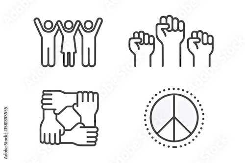 Diversity and inclusion line icon set of 4, vector pictograms of unity, equality, multicultural collaboration, raised fists, interconnected hands, peace symbol, empowerment