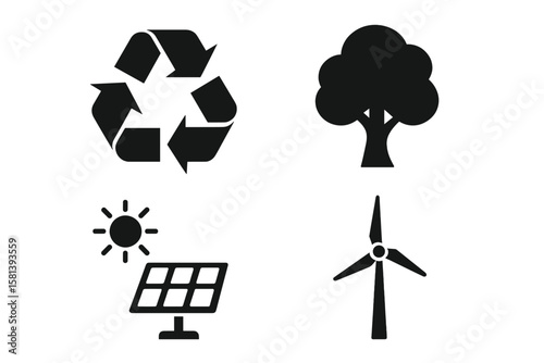 Ecology and sustainability icon set. Vector glyph pictograms of recycle, tree, solar panel, wind turbine. Environment, renewable green energy, conservation concept symbols.