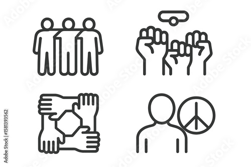 Diversity and inclusion thin line icon set. Vector symbols for equality, unity, multicultural community, teamwork, social justice protest with raised fist and peace sign.
