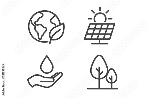 Eco friendly line icon set. Sustainability, renewable energy, conservation vector pictograms. Clean power, save water, climate, forest, nature symbols. Linear illustration.