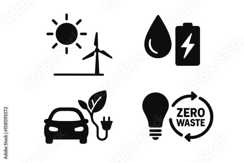 Ecology and sustainability vector icon set. Renewable green energy glyphs. Includes solar power, wind turbine, water drop, electric car, battery, eco light bulb, zero waste symbol.