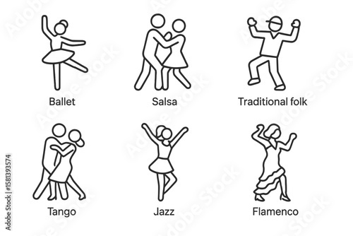 Dance line icon set, vector pictograms of diverse people dancing styles: ballet, salsa, hip-hop, traditional folk, tango, jazz, samba, flamenco, disco freestyle.