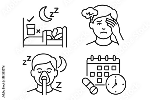Sleep hygiene and disorders line icon set. Vector pictograms of sleep apnea, anxiety, insomnia, supplements, and schedule. Health care and routine concepts for night time.