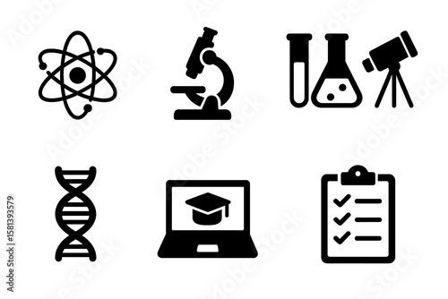 Science education research vector icon set. Glyph pictograms of atom, microscope, lab flask, telescope, DNA. E-learning, online course, experiment analysis checklist symbol.