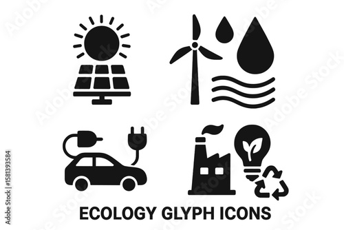 Ecology glyph icon set. Sustainable energy and environment pictograms. Solar panel, wind turbine, water resource, electric car, green factory, recycling, zero waste vector.