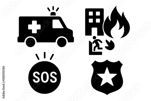 Emergency icon set. Safety pictograms. Ambulance, fire evacuation, police badge, SOS. Medical aid, disaster response, law enforcement. Vector glyph symbols for alert.