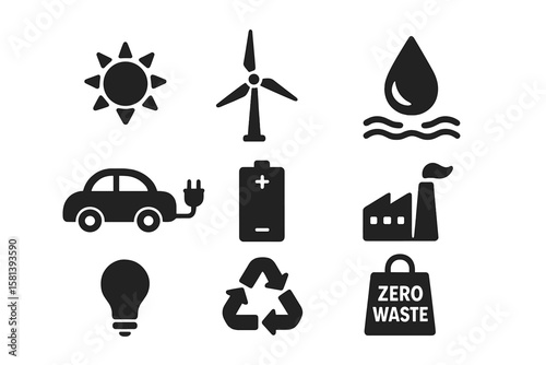 Ecology and sustainability glyph icon set. Vector pictograms of renewable energy, sun, wind turbine, water, electric car, battery, green factory, bulb, zero waste symbol.