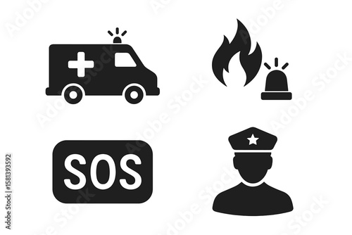Emergency and safety icon set. Vector glyph pictograms of ambulance, fire, police, SOS. Evacuation, natural disaster response, medical aid, and law enforcement concepts.