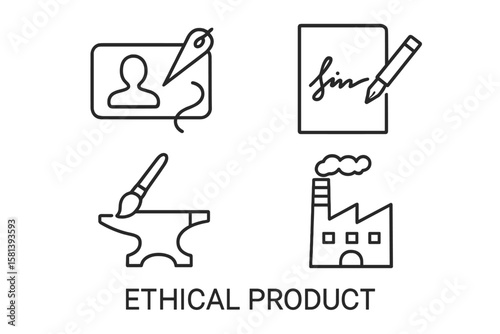 Ethical product icon set. Handmade vs factory production. Artisan craft, personalized, signature concepts. Line art pictograms of needle, anvil, paintbrush, manufacturing.