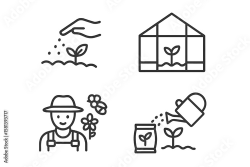 Gardening and Agriculture Line Icon Set – Vector Pictograms of Seedling Growth, Greenhouse Cultivation, Watering, Fertilizer, Farmer, Pollination, Grow Your Own Food Concept