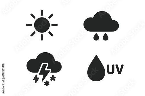 Weather and climate icon set. Vector glyph pictograms of sun, cloud, rain, snow, thunderstorm, and UV index. Meteorology forecast and atmospheric condition symbols.