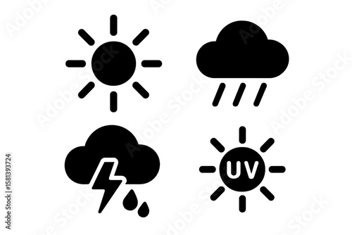 Weather forecast icons. Meteorology glyph symbol set. Sun, sunny, cloud, rain, thunderstorm, lightning, UV index. Climate pictogram collection. Vector illustration.