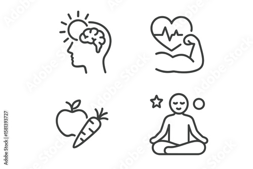 Wellness and self-care line icon set. Vector pictograms of mental clarity, fitness, nutrition, relaxation. Meditation for mental health, stress relief and body-mind balance.