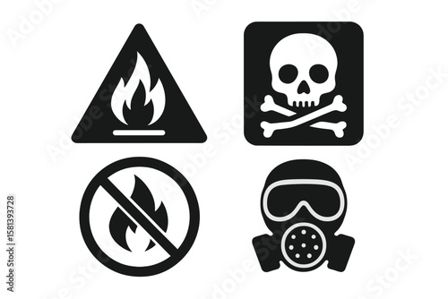Gas safety glyph icon set of 4, vector pictograms of flammable, toxic, explosive hazards, warning signs, danger symbols, protective mask, no flame zone, black silhouette labels, hazard icons
