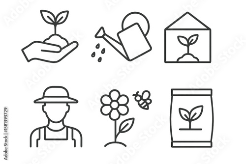 Gardening and Agriculture Line Icons Set. Vector Illustration of Seedling in Hand, Watering Can, Greenhouse, Farmer, Pollination by Bee, Flower, Fertilizer Bag. Thin Outline Pictograms