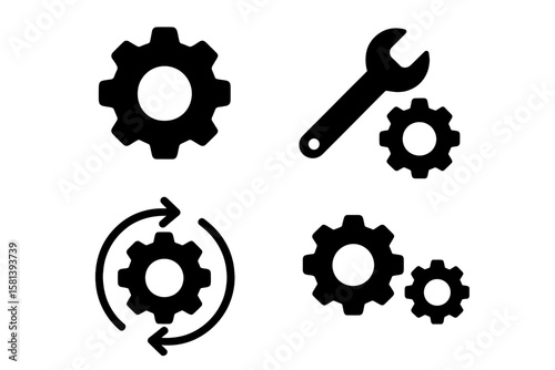 Gear Settings Icon Set of 4. Black Vector Cogwheel, Wrench, System Optimization, Process Automation, Configuration, Maintenance, Update, Engineering Tools, Technology Concept