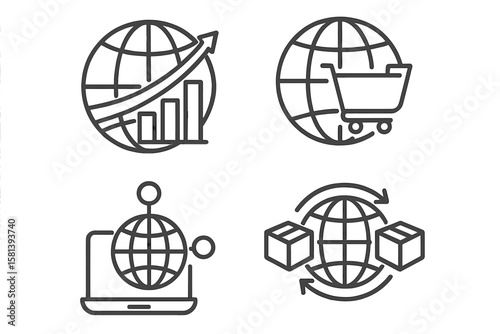 Global Business and International Trade Line Icons Set – Worldwide Commerce, E-commerce, Logistics, Digital Connectivity, Supply Chain, Globalization, Shipping, Market Growth