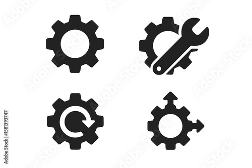 Gear Settings Icon Set. Vector Glyph Symbols of Cogwheel, Wrench, System Configuration, Maintenance, Automation, Process Optimization, Update, Technology Tools, Black Silhouette