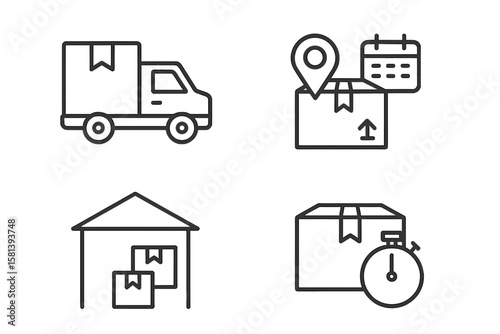 Shipping and Delivery Icons Set. Vector Line Art for Logistics and Parcel Tracking. Warehouse Storage, Fast Package Delivery, Transport and Shipping Concept.