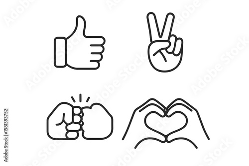 Hand gesture line icon set of 4, vector pictograms including thumbs up, peace sign, high five, fist bump, rock on, heart shape, thin linear illustration, communication symbols