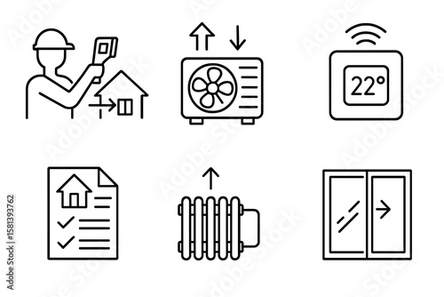 Home energy audit line icon set. Vector symbols of heat loss inspection, HVAC, smart thermostat, radiator, house report, and window upgrade. Energy efficiency pictograms.