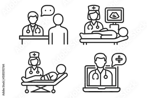Medical Consultation, Diagnostics, Patient Care, and Telemedicine Line Icons Set – Doctors, Nurses, Healthcare Services, Modern Hospital Outline Vector Illustration