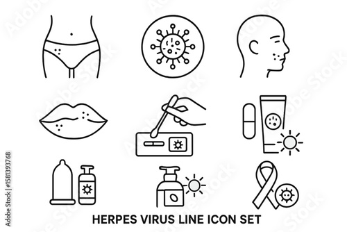 Herpes virus line icon set, vector pictograms of genital and oral herpes, lips rash, swab test, diagnosis, pill, medicine, cream, protection, condom, hygiene, sunlight