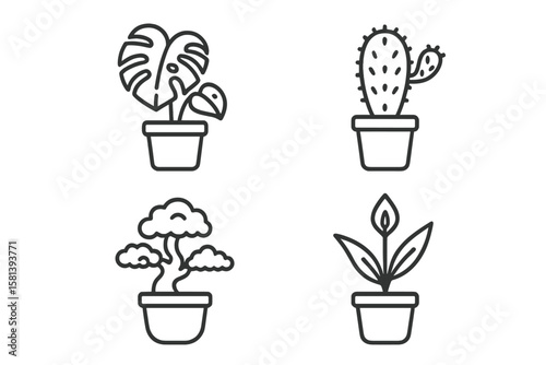 Houseplants line icon set. Vector pictogram collection of indoor plants. Minimalist outline symbol for home decor. Monstera, cactus, bonsai, peace lily in pot for web UI.