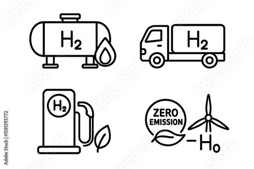 Hydrogen energy and clean fuel technology line icon set of 4 with H2 storage, transportation, refueling station, zero emissions, production types, vehicles, and safety