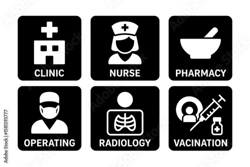 Hospital signage glyph icon set with clinic, nurse, doctor, pharmacy, medication, vaccination, syringe, patient, operating room, radiology, MRI icons, healthcare pictograms
