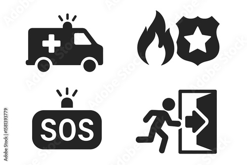 Emergency Services Icon Set. Ambulance, Fire, Police, SOS, Evacuation. Thin Line Vector Pictograms. Rescue, Medical, Law Enforcement, Firefighting, Emergency Exit, Safety Symbols, Linear Illustration