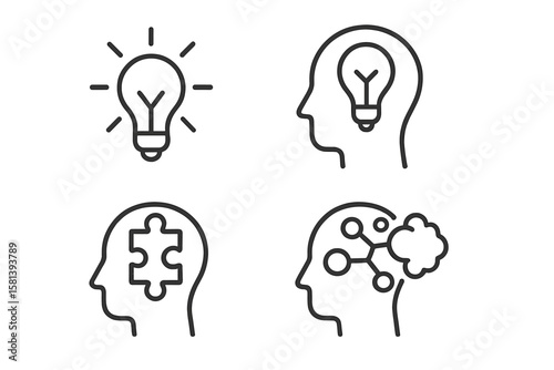 Creative Brainstorming and Problem-Solving Line Icons Set. Vector Illustrations of Innovation, Abstract Thinking, Insight, Imagination, Cognitive Process, Mindset, Thin Linear Concept