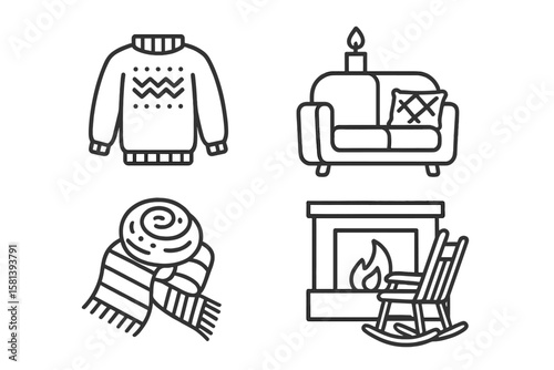 Hygge Lifestyle Line Icon Set. Cozy Comfort Living Vector Illustrations. Warm Sweater, Knitted Scarf, Cinnamon Roll, Sofa with Candle, Fireplace, Rocking Chair. Scandinavian Home Decor