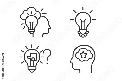 Creative Idea and Innovation Line Icon Set. Thin Linear Vector Illustrations of Brainstorming, Abstract Thinking, Problem Solving, Insight, Imagination, Human Mind, Light Bulb Concepts