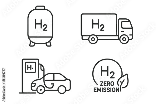 Hydrogen energy and clean fuel technology line icon set of 4: H2 storage tank, hydrogen transport truck, refueling station with car, zero emission eco fuel, clean vehicles