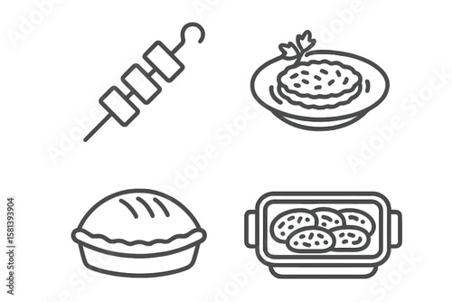 Thin Line Meat Food Icon Set. Kebab, Shashlik, Ground Beef, Tartare, Carpaccio, Patty, Meat Pie, Casserole. Linear Vector Pictograms for Butcher, Restaurant, Menu, Food Packaging